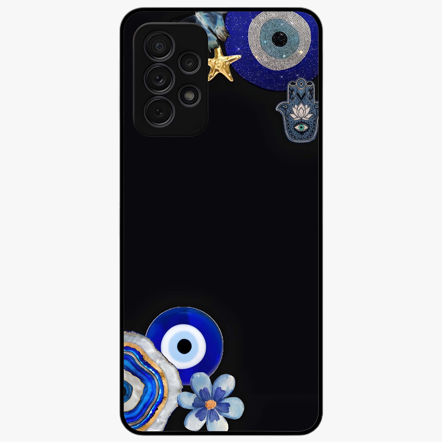 Aesthetic Blue Evil Eye Glass Case showing flat back view with protective evil eye artwork and glossy glass finish.