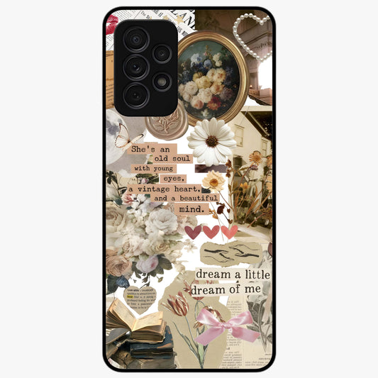 Aesthetic Brown Vintage Collage Glass Case showing flat back view with retro collage artwork and glossy glass finish.