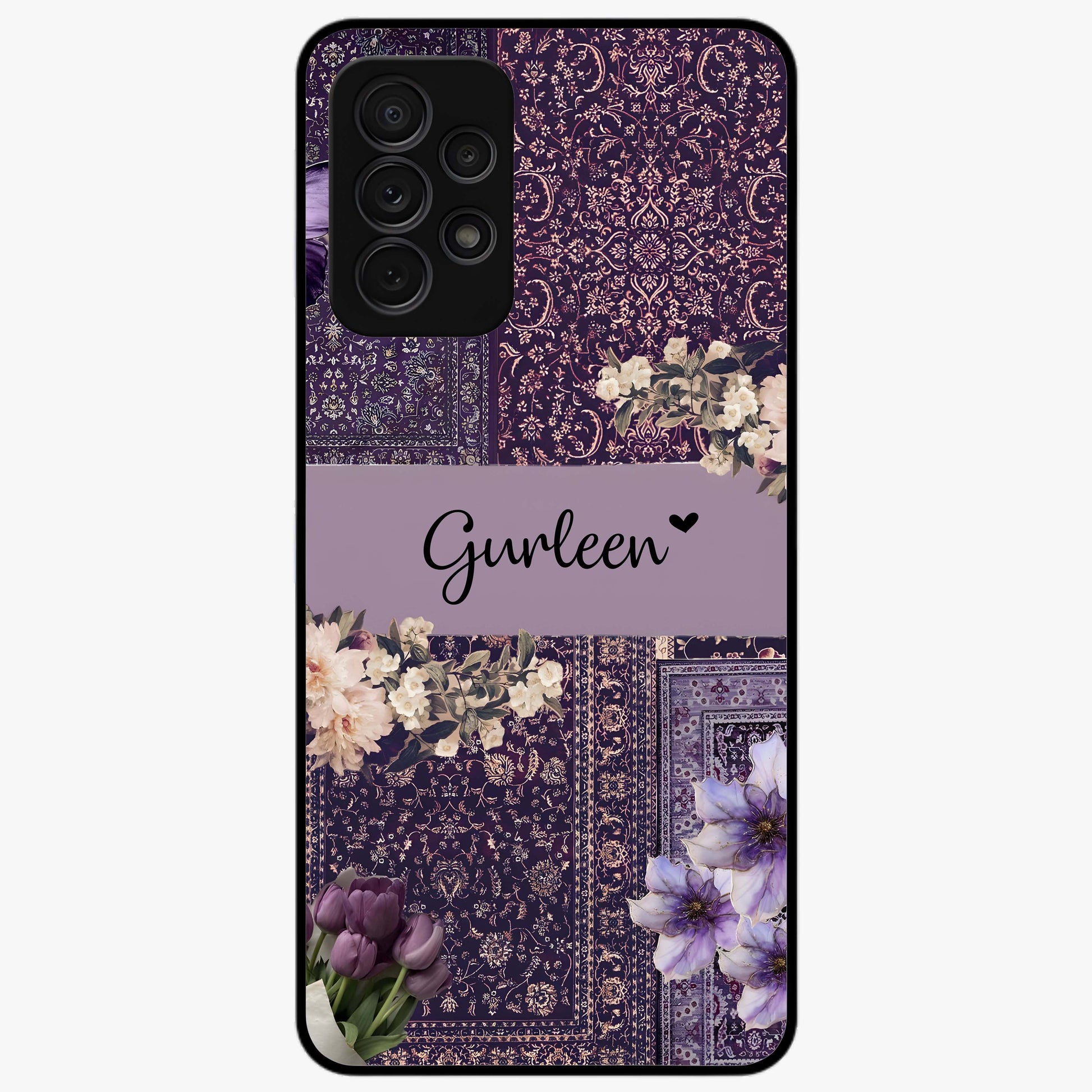 Antique Floral Whisper Custom Name Glass Case showing flat back view with vintage floral artwork and personalized name design.