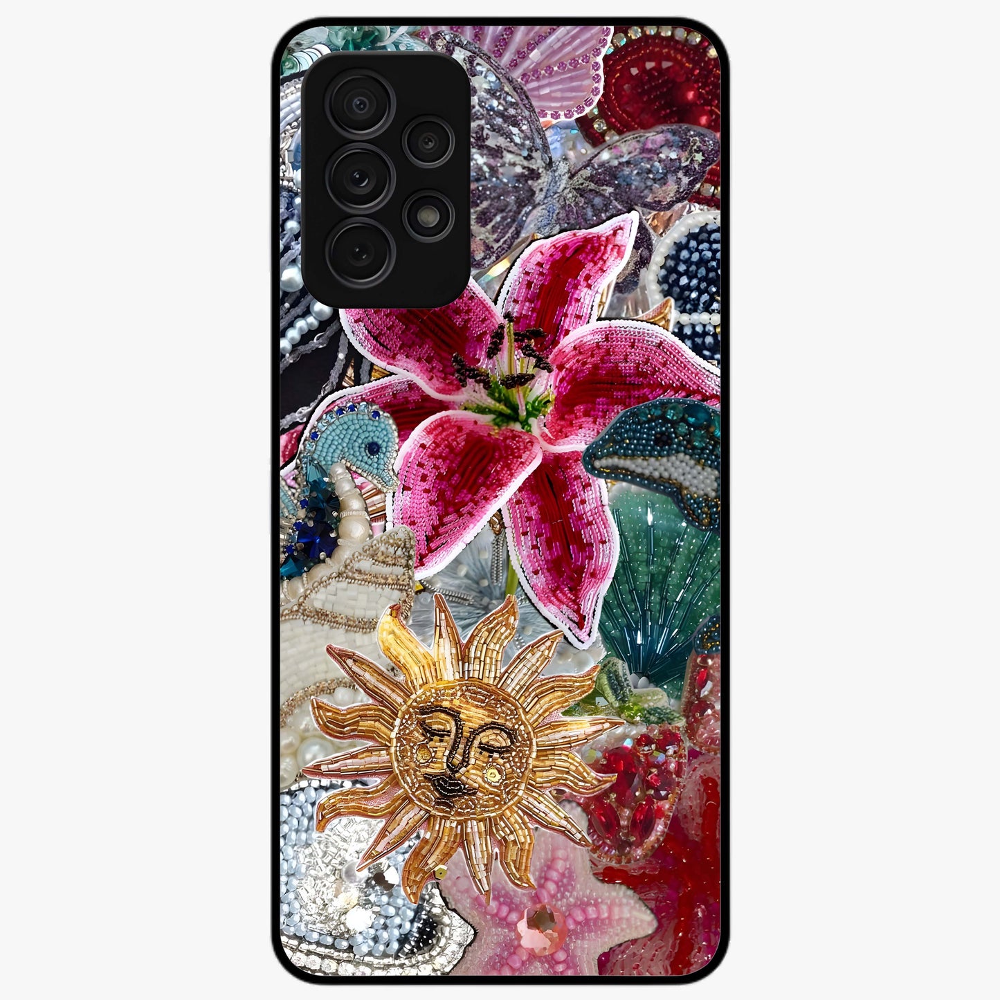 Beaded Garden Fantasy Glass Case showing flat back view with dreamy garden bead artwork and glossy glass finish.