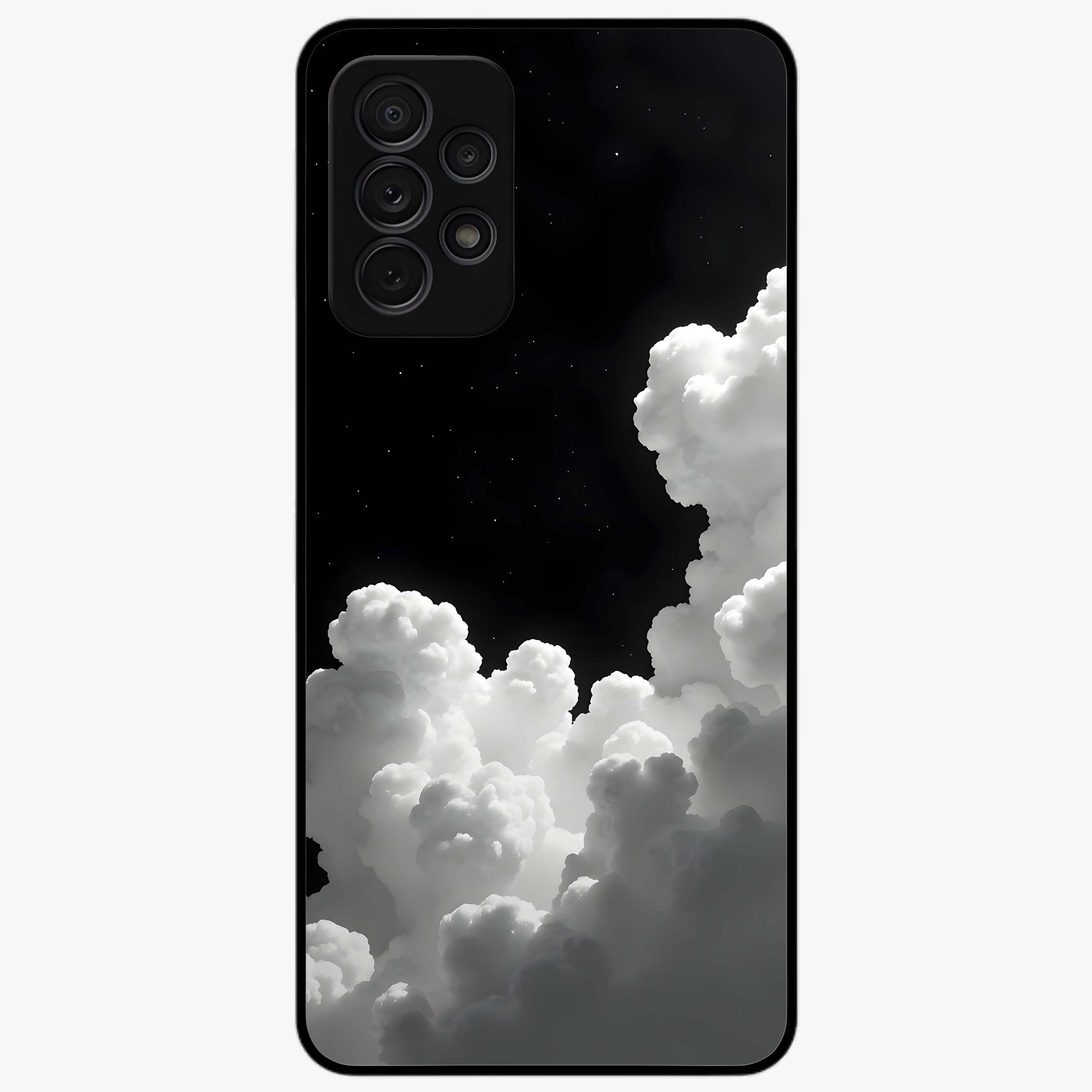 Black Background With White Cloud Glass Case showing flat back view with minimal cloud artwork on dark background and glossy glass finish.