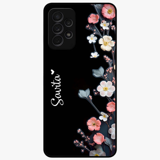 Black Elegance Floral Custom Name Glass Case showing flat back view with elegant floral artwork and personalized name design.