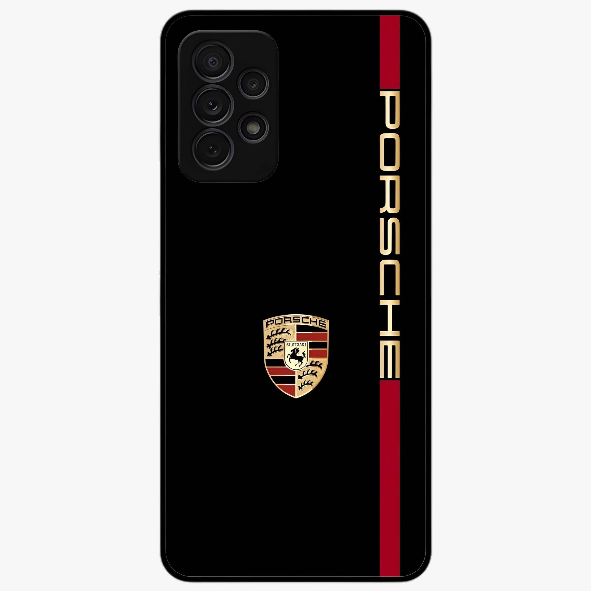Black Minimal Porsche Glass Case showing flat back view with sleek minimal sports car artwork and glossy glass finish.