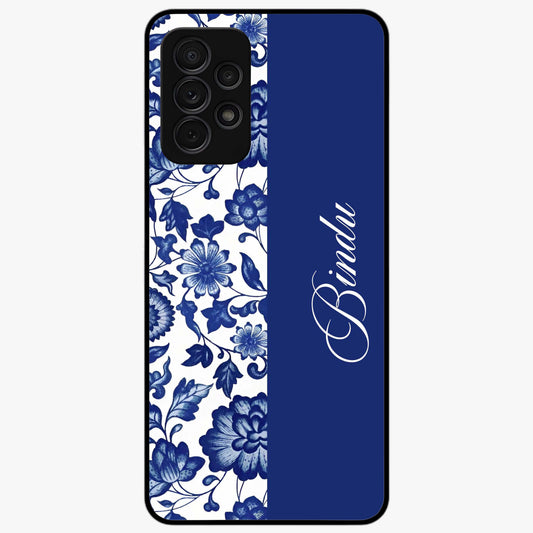 Blue Vintage Floral Pattern Glass Case upright view showcasing timeless floral illustration with vintage inspired style.