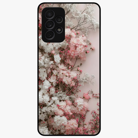 Blush Blossom Cloud Glass Case showing flat back view with dreamy blush cloud blossom artwork and glossy glass finish.