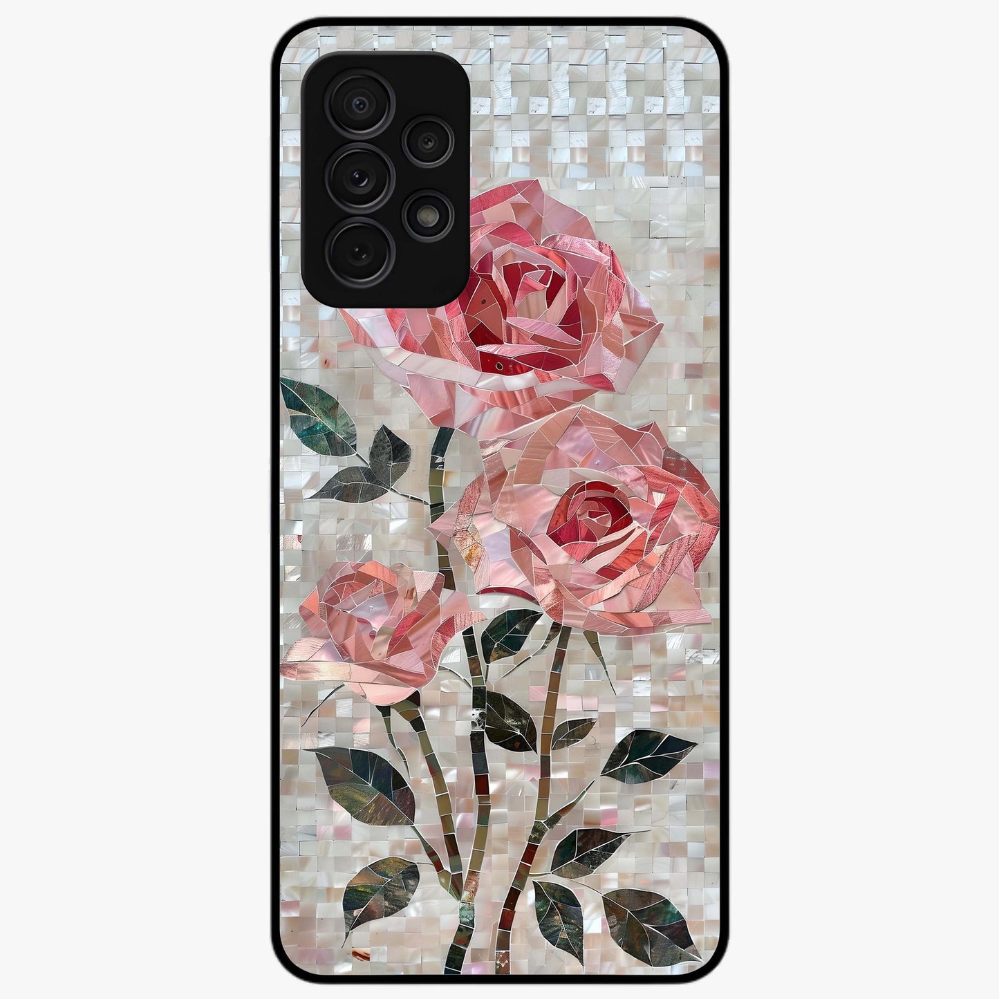 Blush Mosaic Bloom Glass Case showing flat back view with mosaic floral bloom artwork and glossy glass finish.