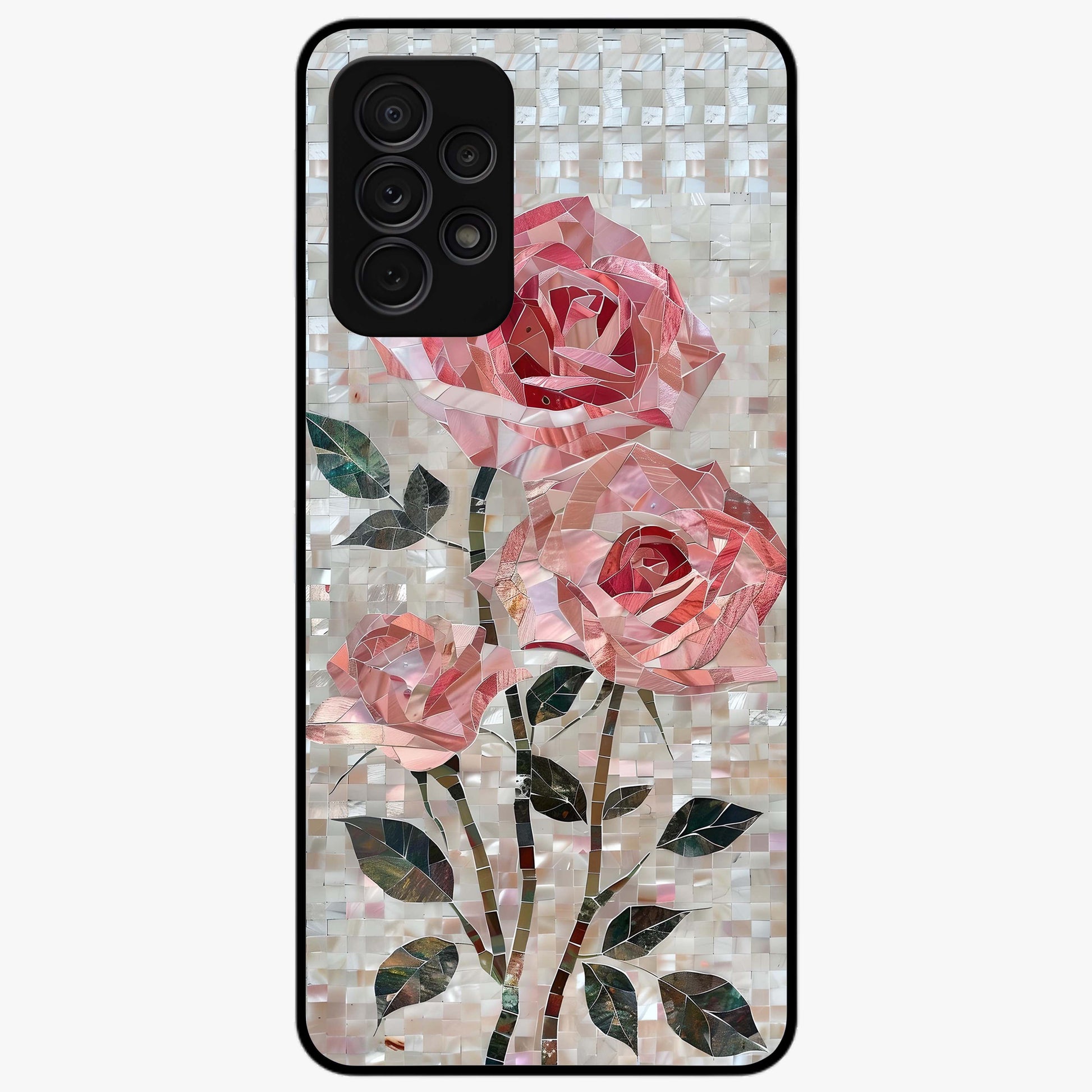 Blush Mosaic Bloom Glass Case showing flat back view with mosaic floral bloom artwork and glossy glass finish.