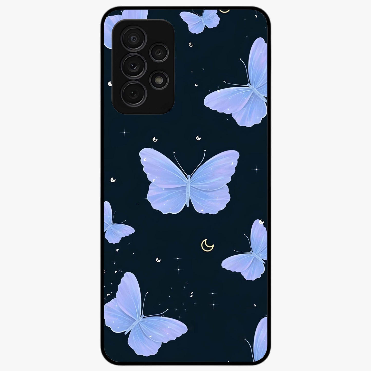 Butterfly With Stars Pattern Glass Case showing flat back view with butterfly and star pattern artwork and glossy glass finish.