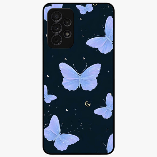 Butterfly With Stars Pattern Glass Case showing flat back view with butterfly and star pattern artwork and glossy glass finish.