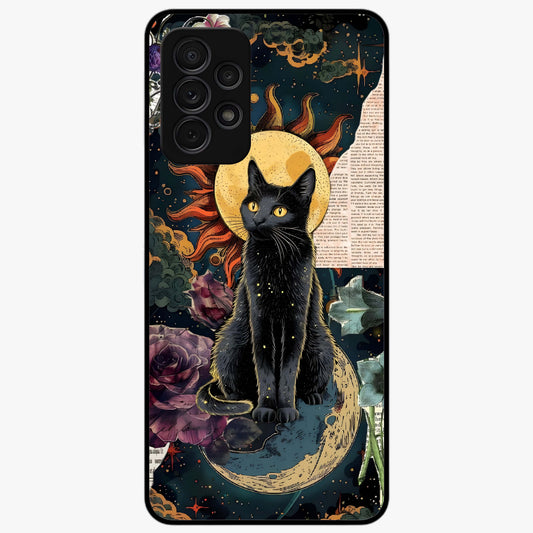 Celestial Black Cat Glass Case showing flat back view with mystical black cat artwork and glossy glass finish.