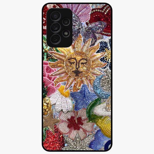 Celestial Floral and Playful Glass Case showing flat back view with floral and celestial themed artwork and glossy glass finish.