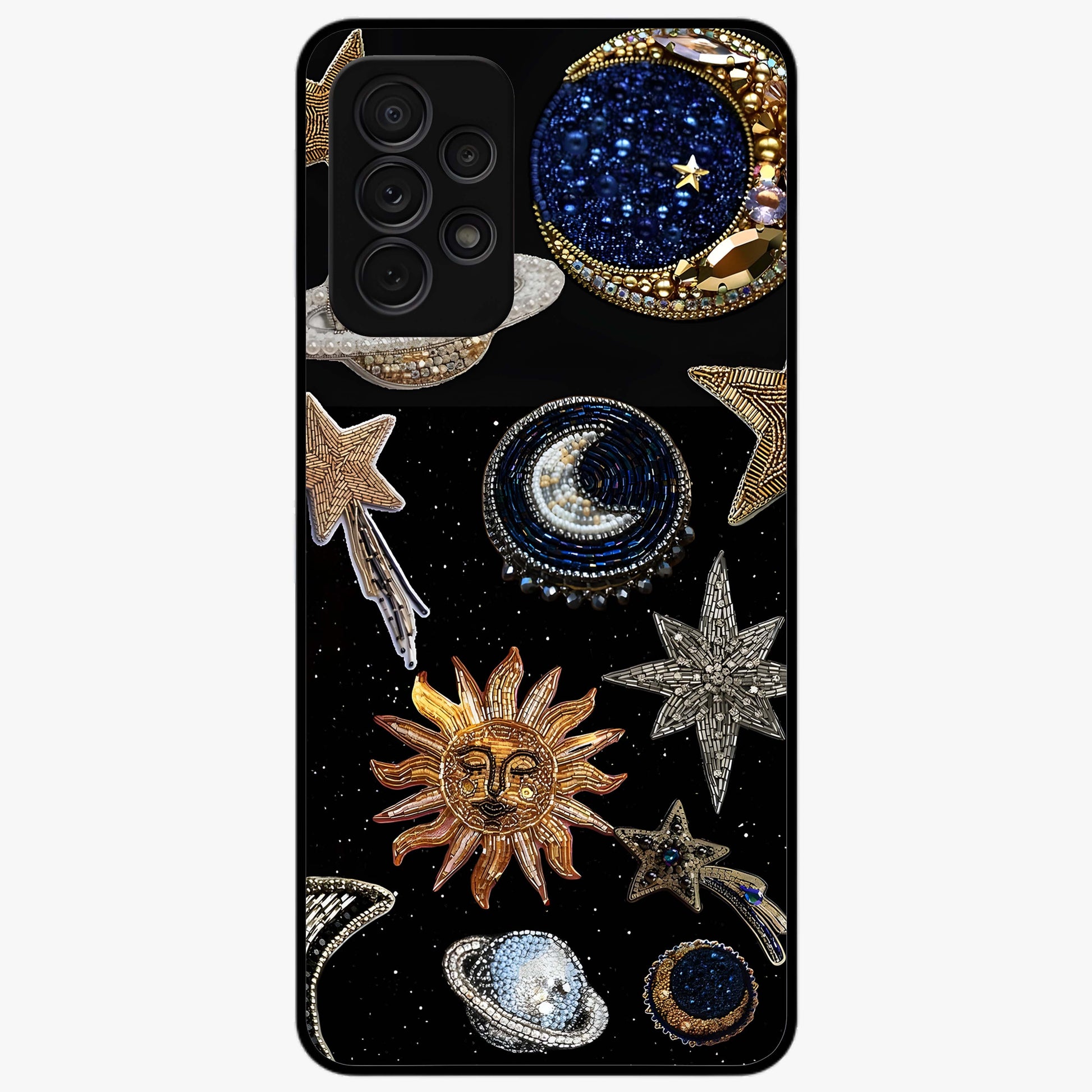 Celestial Gem Constellations Glass Case showing flat back view with sparkling constellation artwork and glossy glass finish.