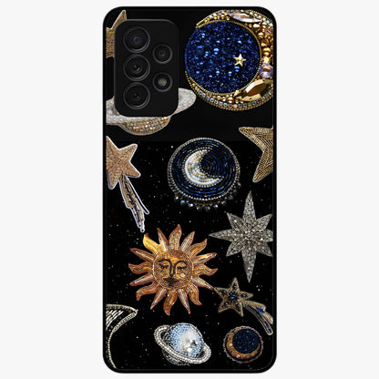 Celestial Gem Constellations Glass Case showing flat back view with sparkling constellation artwork and glossy glass finish.