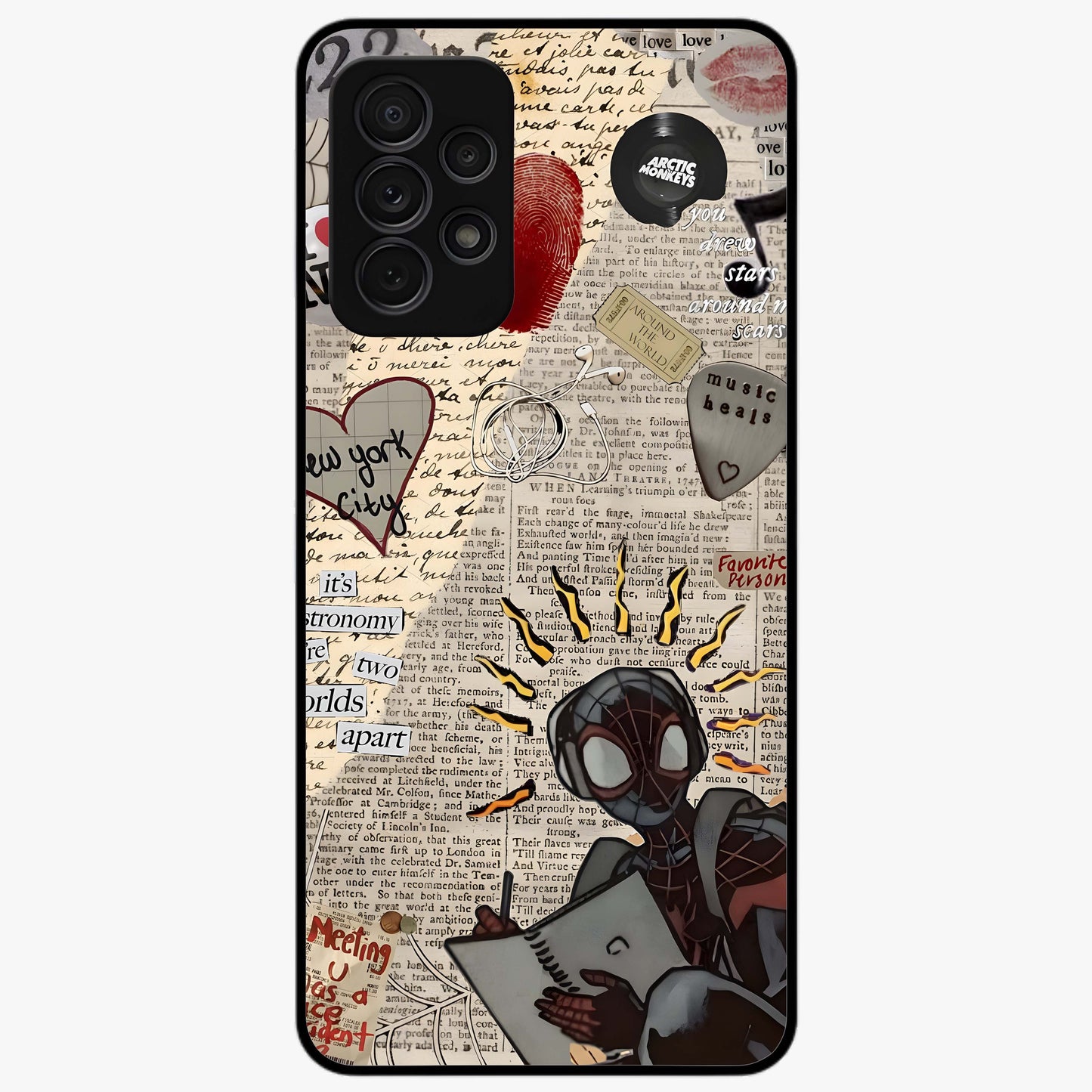 City Dream Sketch Glass Case showing flat back view with artistic city skyline sketch artwork and glossy glass finish.