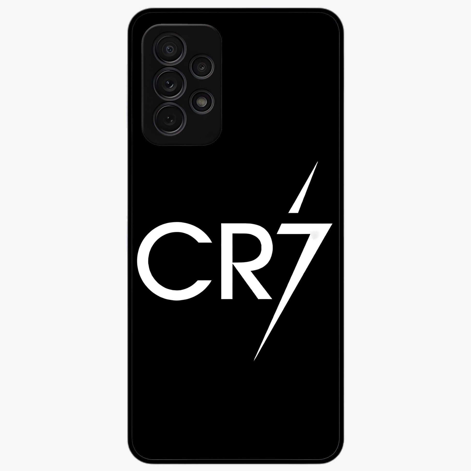 Cr7 Elite Strike Glass Case showing flat back view with dynamic football inspired artwork and glossy glass finish.