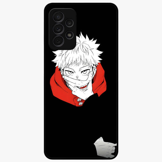 Crimson Chaos Smile Glass Case showing flat back view with bold chaotic smile artwork and glossy glass finish.
