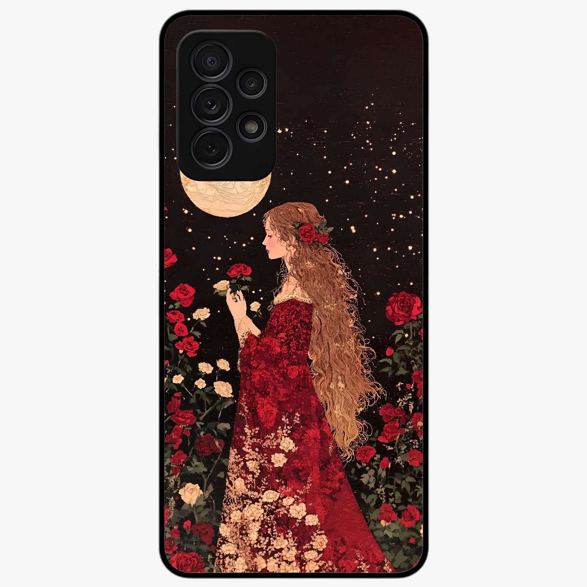Crimson Dreams Glass Case showing flat back view with dreamy crimson artwork and glossy glass finish.