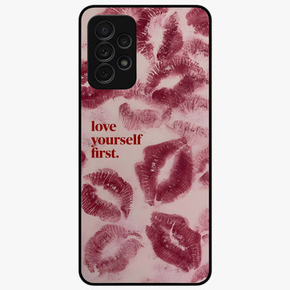 Crimson Kiss Love Glass Case showing flat back view with romantic crimson themed artwork and glossy glass finish.