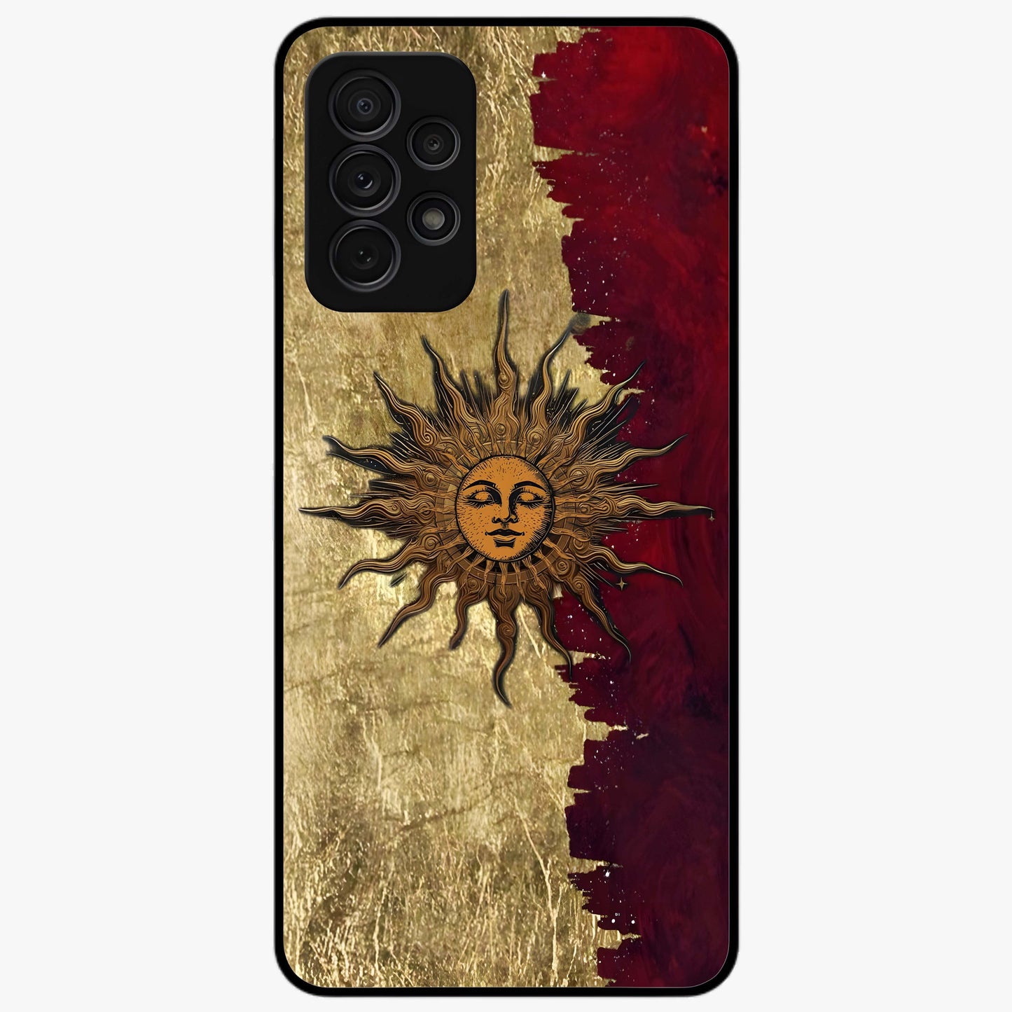 Crimson Sun Majesty Glass Case showing flat back view with radiant sun inspired artwork and glossy glass finish.