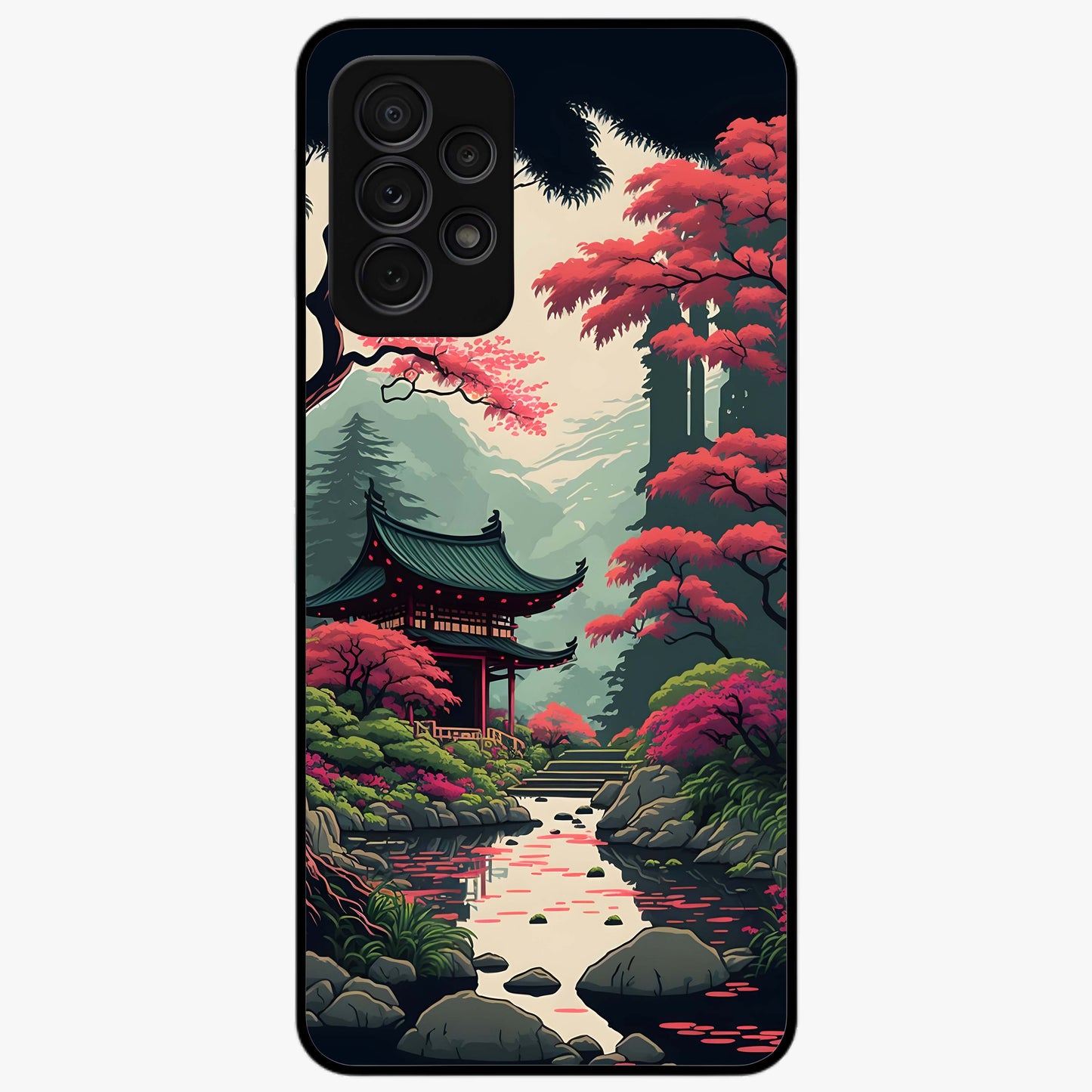 Crimson Temple View Glass Case showing flat back view with temple inspired artwork and glossy glass finish.