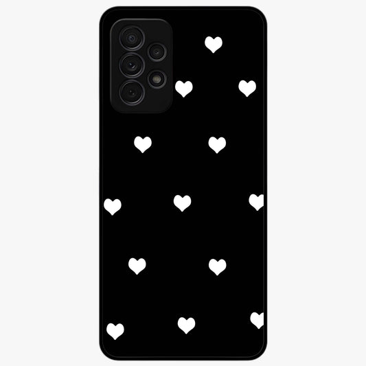 Cute And Simple White Hearts Glass Case showing flat back view with minimal white heart pattern and glossy glass finish.