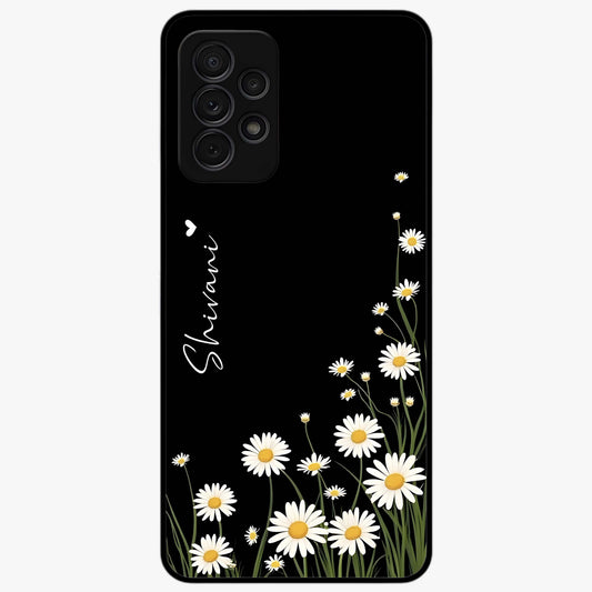 Daisy Cascade Custom Name Glass Case showing flat back view with cascading daisy flowers and personalized name design.