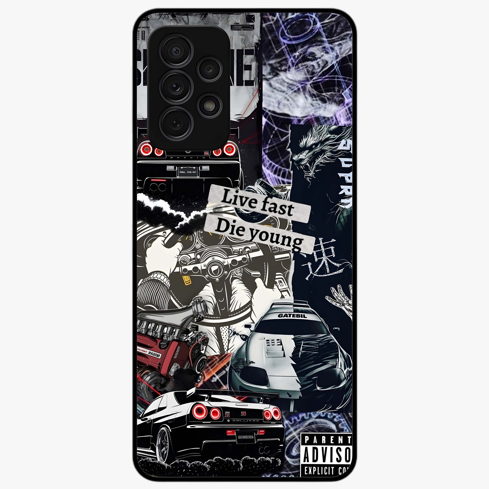 Die Young Glass Case showing flat back view with bold artistic typography design and glossy glass finish.