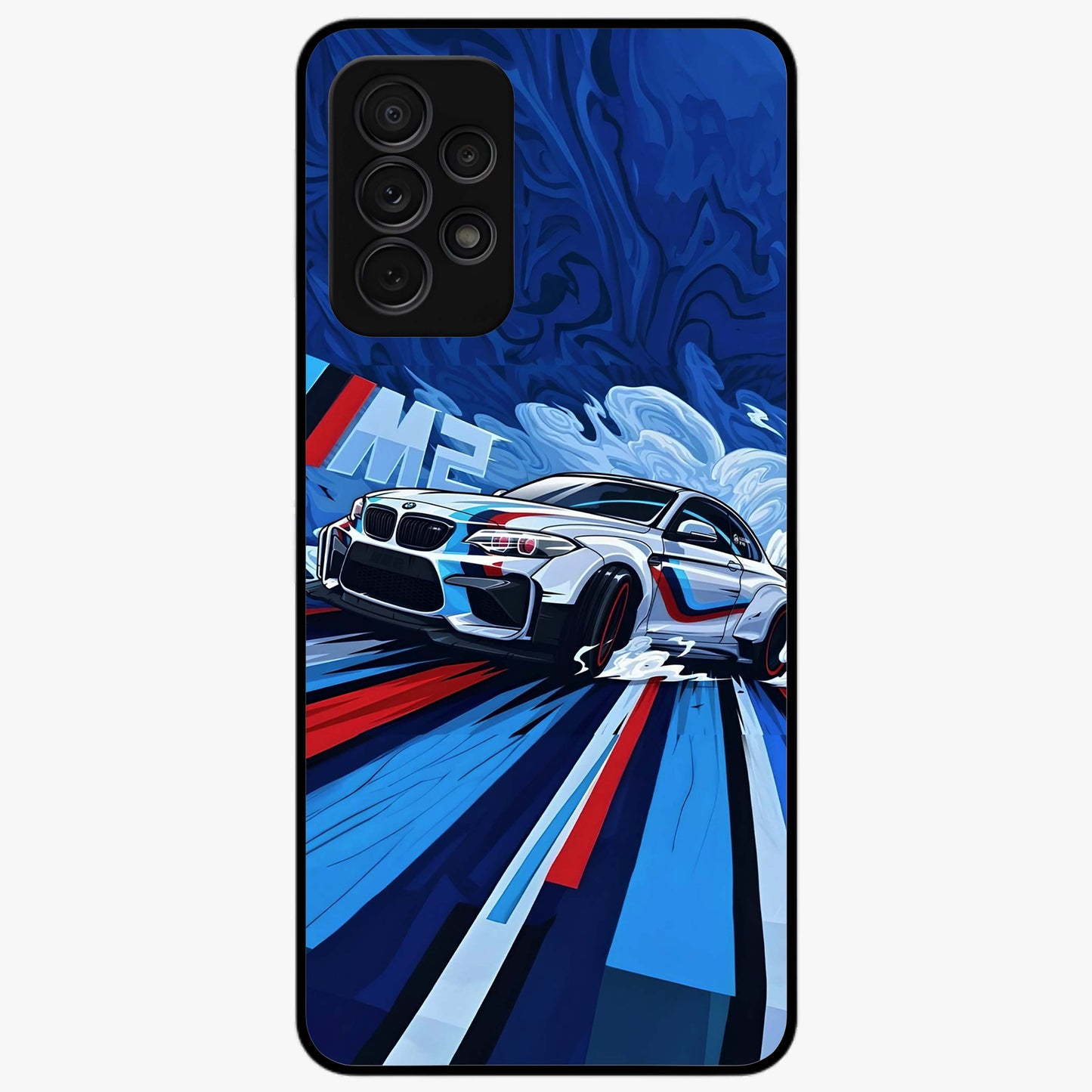 Drift Power Rush Glass Case showing flat back view with dynamic racing inspired artwork and glossy glass finish.