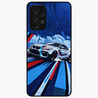 Drift Power Rush Glass Case showing flat back view with dynamic racing inspired artwork and glossy glass finish.