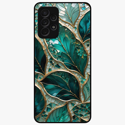 Emerald Leaf Glass Glass Case showing flat back view with emerald green leaf artwork and glossy glass finish.