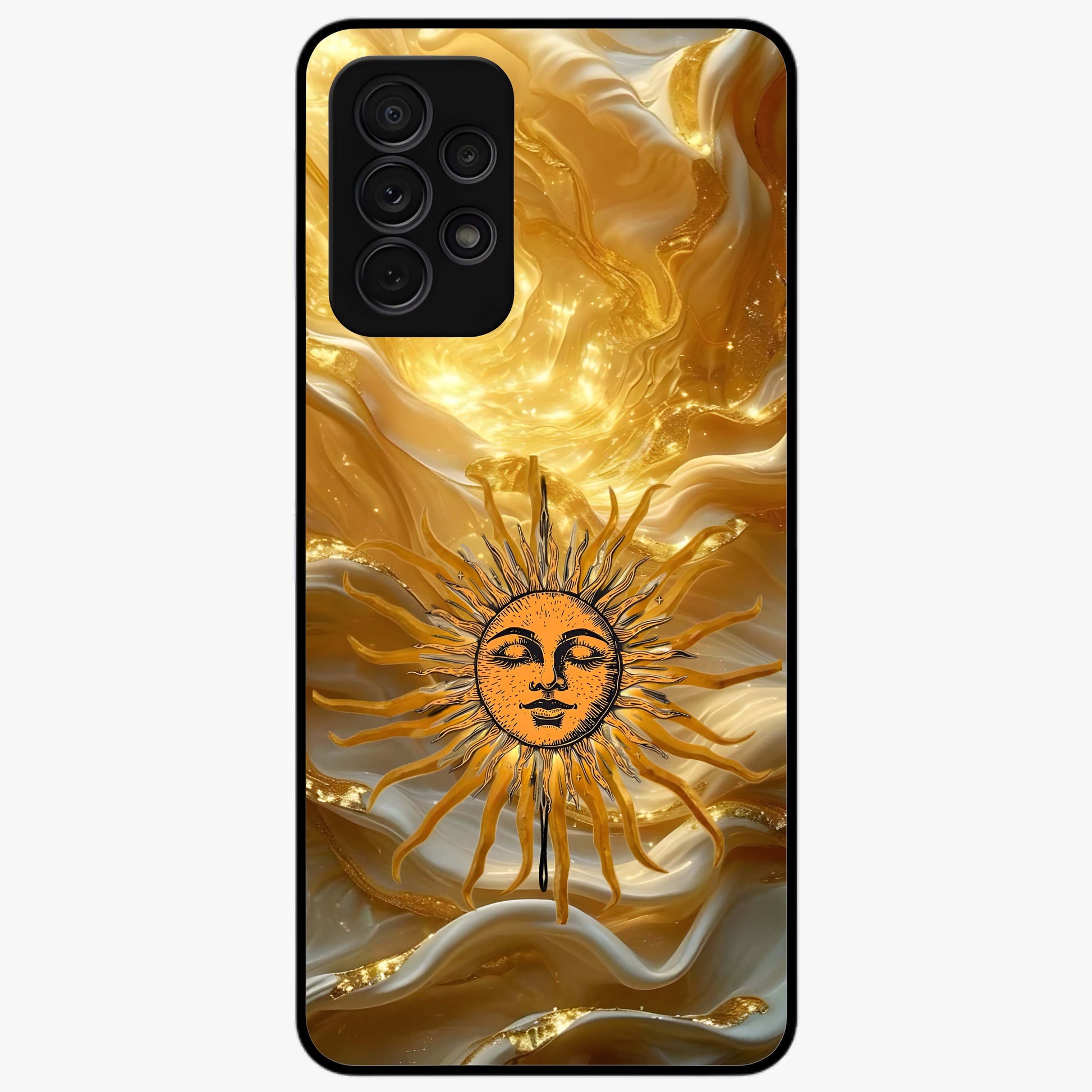 Eternal Golden Glow Glass Case showing flat back view with radiant golden themed artwork and glossy glass finish.