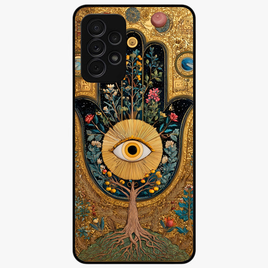 Ethereal Evil Eye Glass Case showing flat back view with mystical evil eye artwork and glossy glass finish.