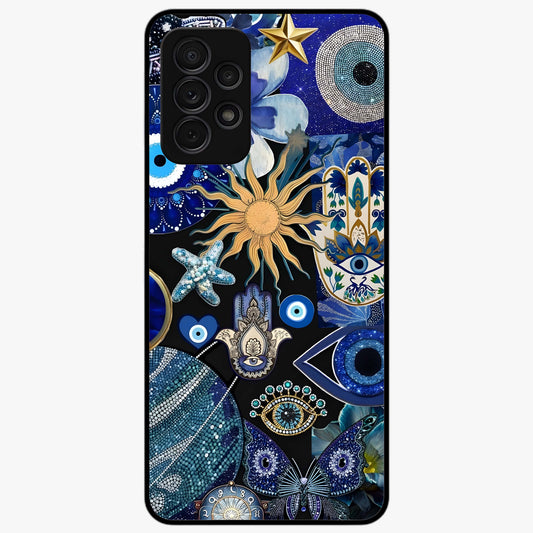 Evil Eye Charm Mix Glass Case showing flat back view with multiple evil eye charms artwork and glossy glass finish.
