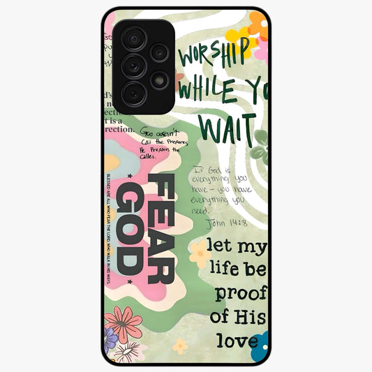 Faith Over Fear Glass Case showing flat back view with motivational typography artwork and glossy glass finish.