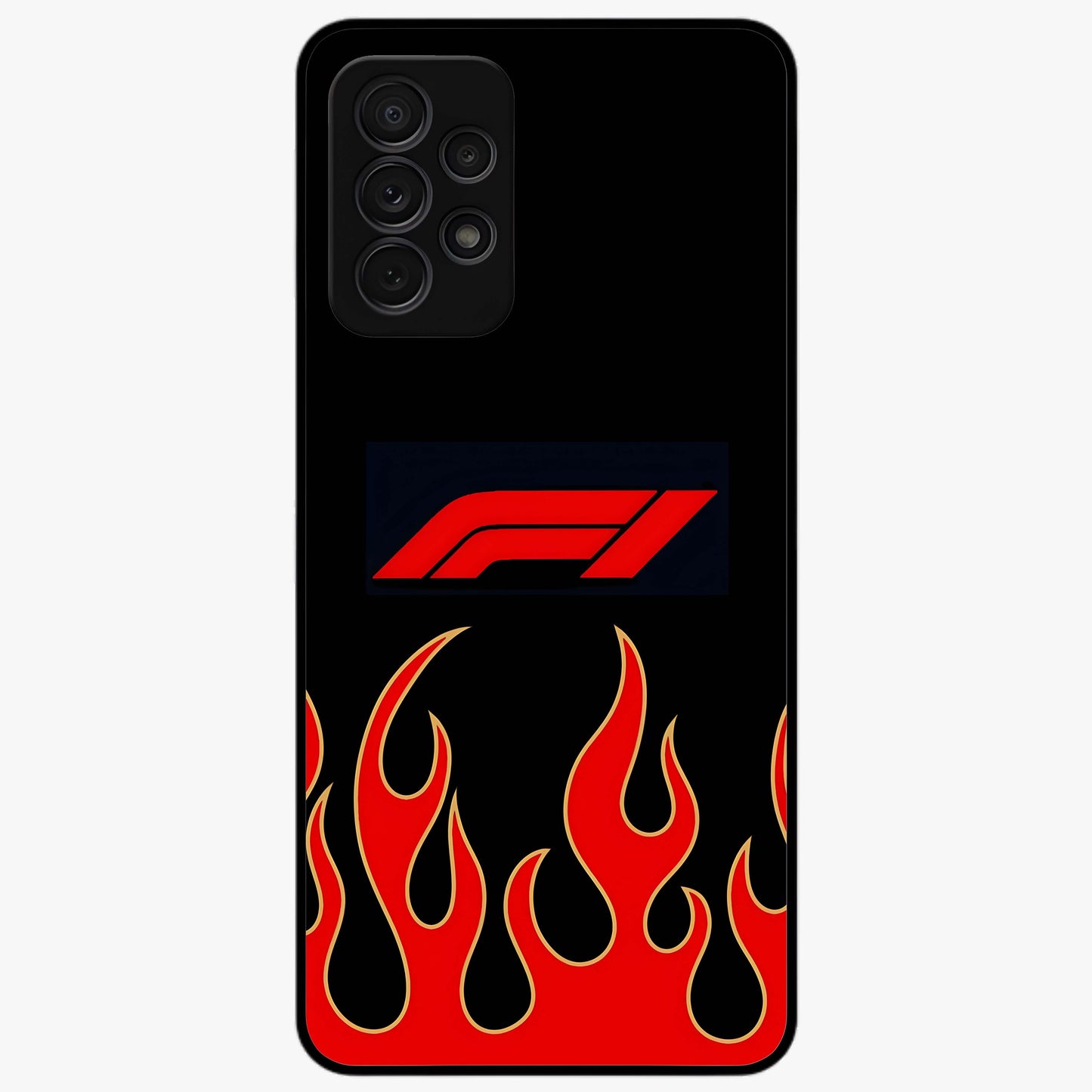 Fire F11 Glass Case showing flat back view with fiery themed artwork and glossy glass finish.
