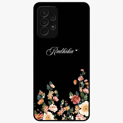 Floral Design With a Custom Personalized Name Glass Case showing flat back view with floral artwork and personalized name design.