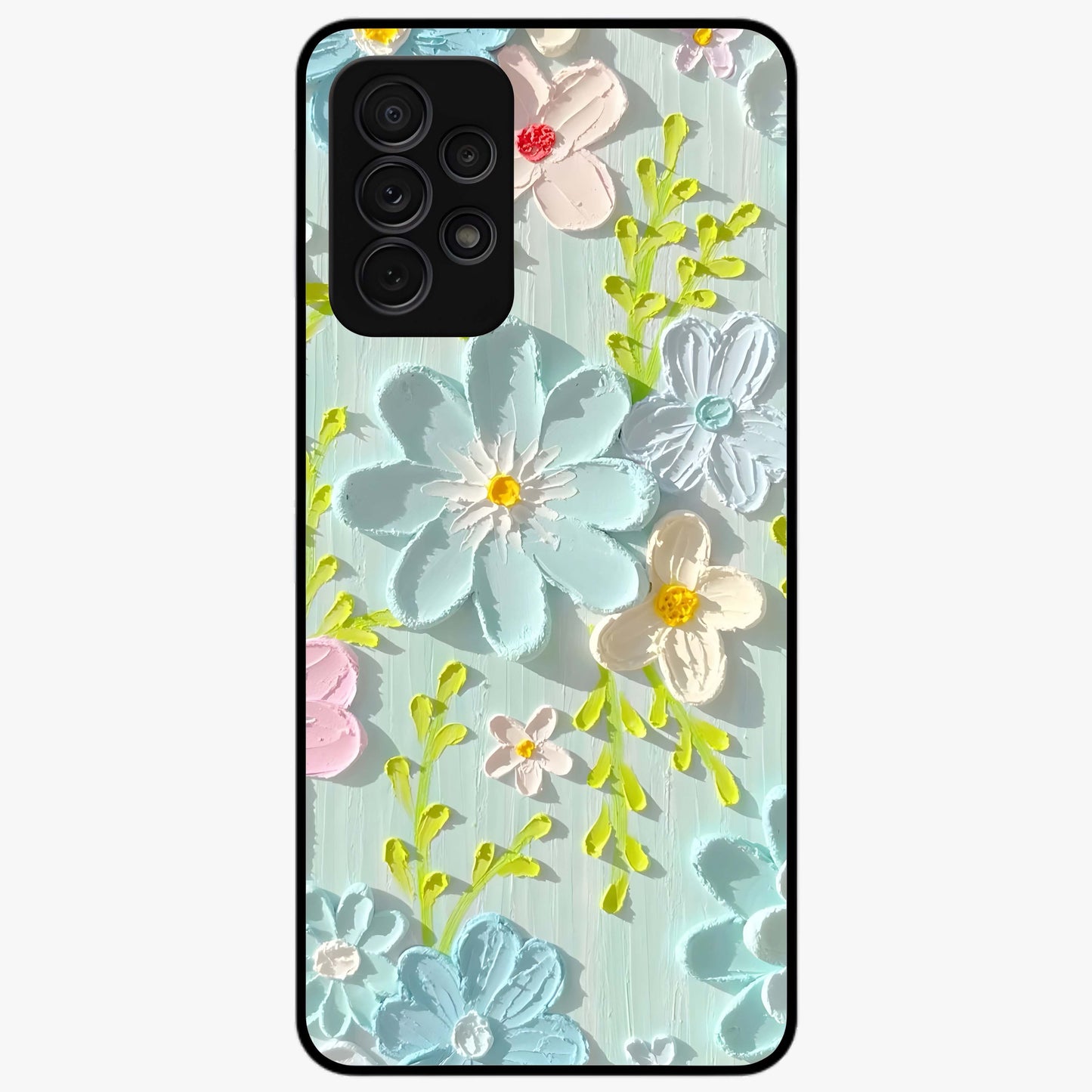 Frosted Petal Garden Glass Case showing flat back view with soft frosted floral artwork and glossy glass finish.