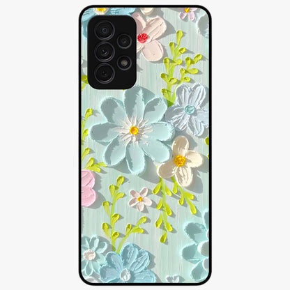 Frosted Petal Garden Glass Case showing flat back view with soft frosted floral artwork and glossy glass finish.