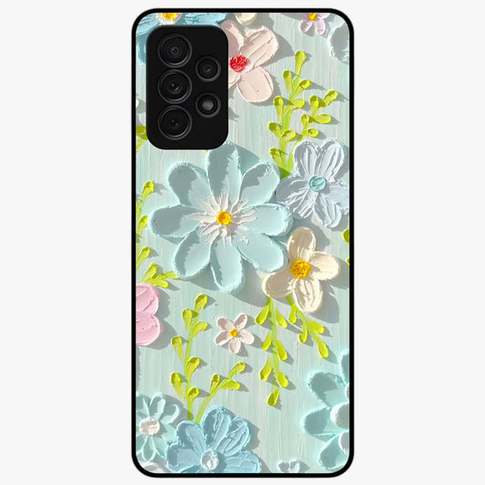 Frosted Petal Garden Glass Case showing flat back view with soft frosted floral artwork and glossy glass finish.