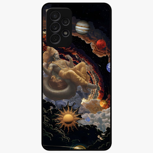 Galactic Divine God Glass Case showing flat back view with divine cosmic themed artwork and glossy glass finish.