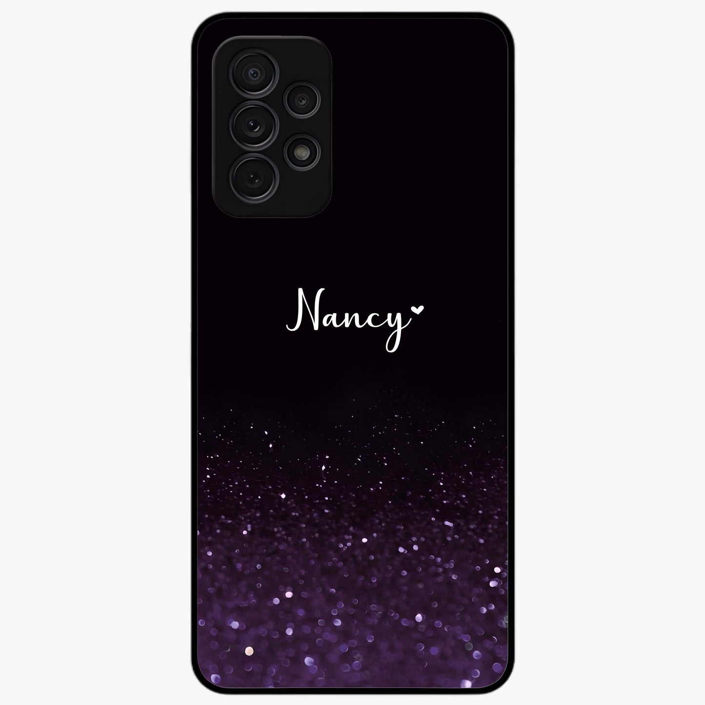 Glittery Purple Bokeh Custom Name Glass Case showing flat back view with purple bokeh sparkle artwork and personalized name design.