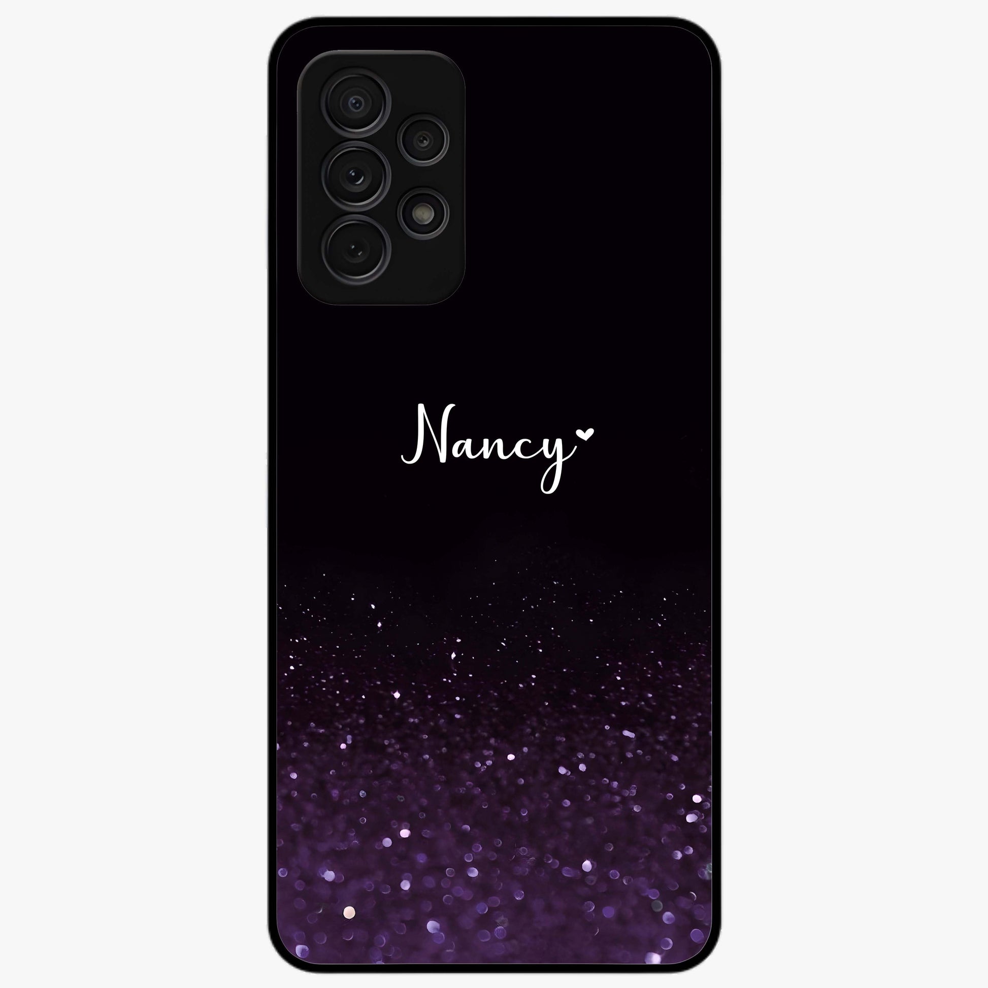 Glittery Purple Bokeh Custom Name Glass Case showing flat back view with purple bokeh sparkle artwork and personalized name design.