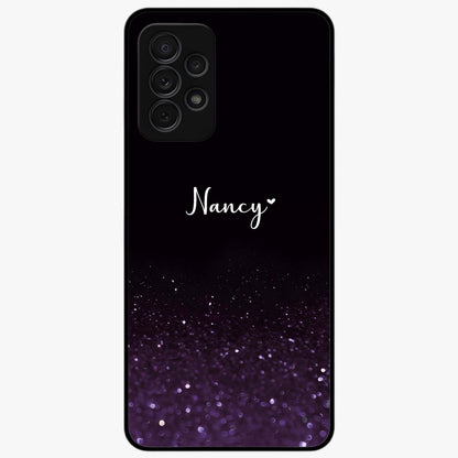 Glittery Purple Bokeh Custom Name Glass Case showing flat back view with purple bokeh sparkle artwork and personalized name design.
