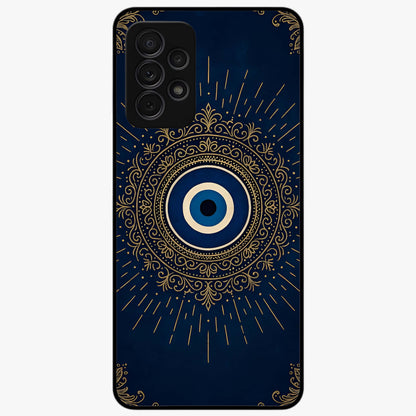 Golden Evil Eye Mandala Glass Case showing flat back view with intricate evil eye mandala artwork and glossy glass finish.