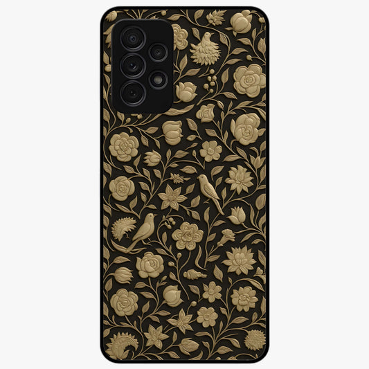 Golden Floral Majesty Glass Case showing flat back view with luxurious golden floral artwork and glossy glass finish.