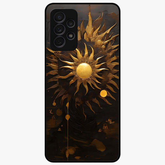 Golden Sun Majesty Glass Case showing flat back view with radiant golden sun artwork and glossy glass finish.