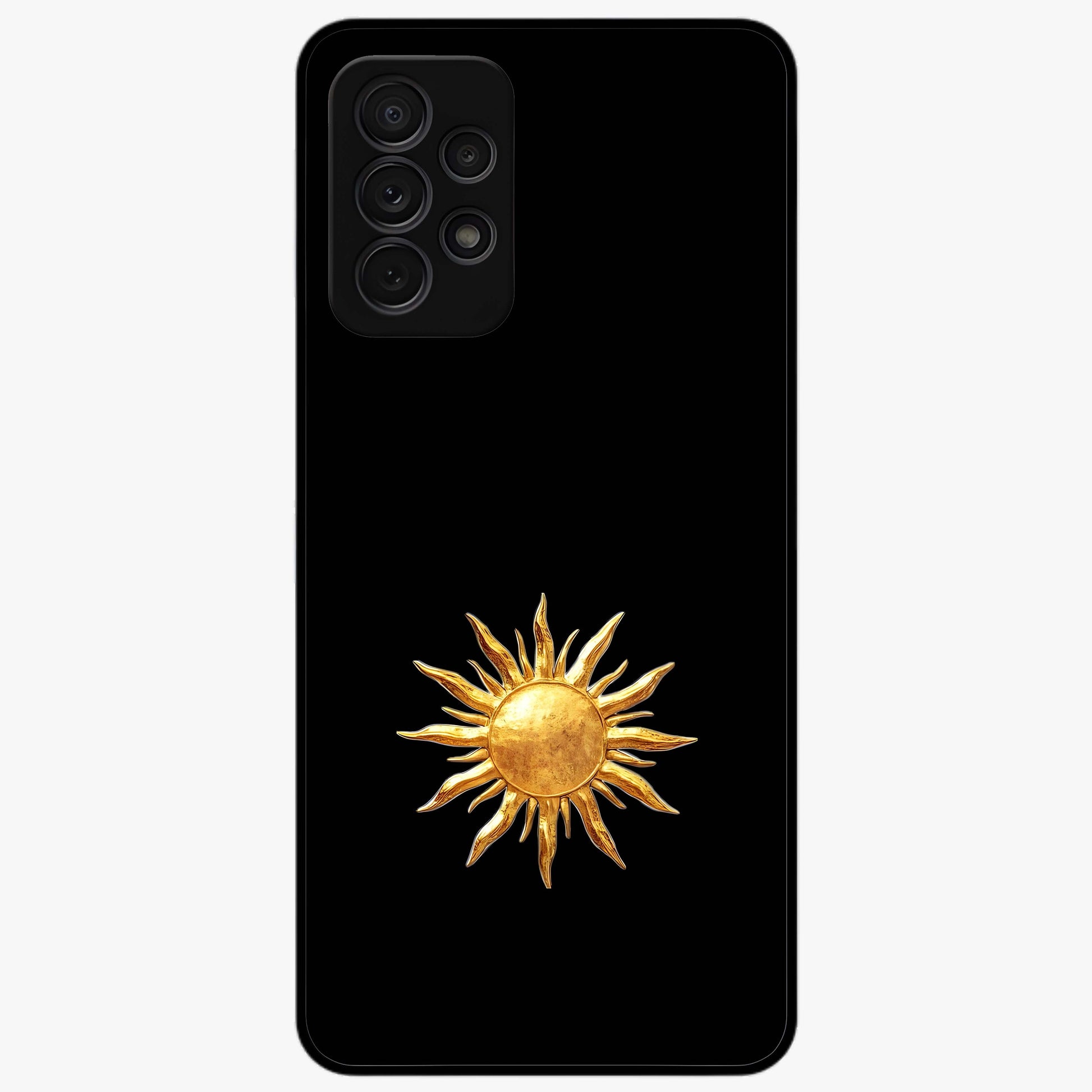 Golden Sun Minimalism Glass Case showing flat back view with minimal golden sun artwork and glossy glass finish.
