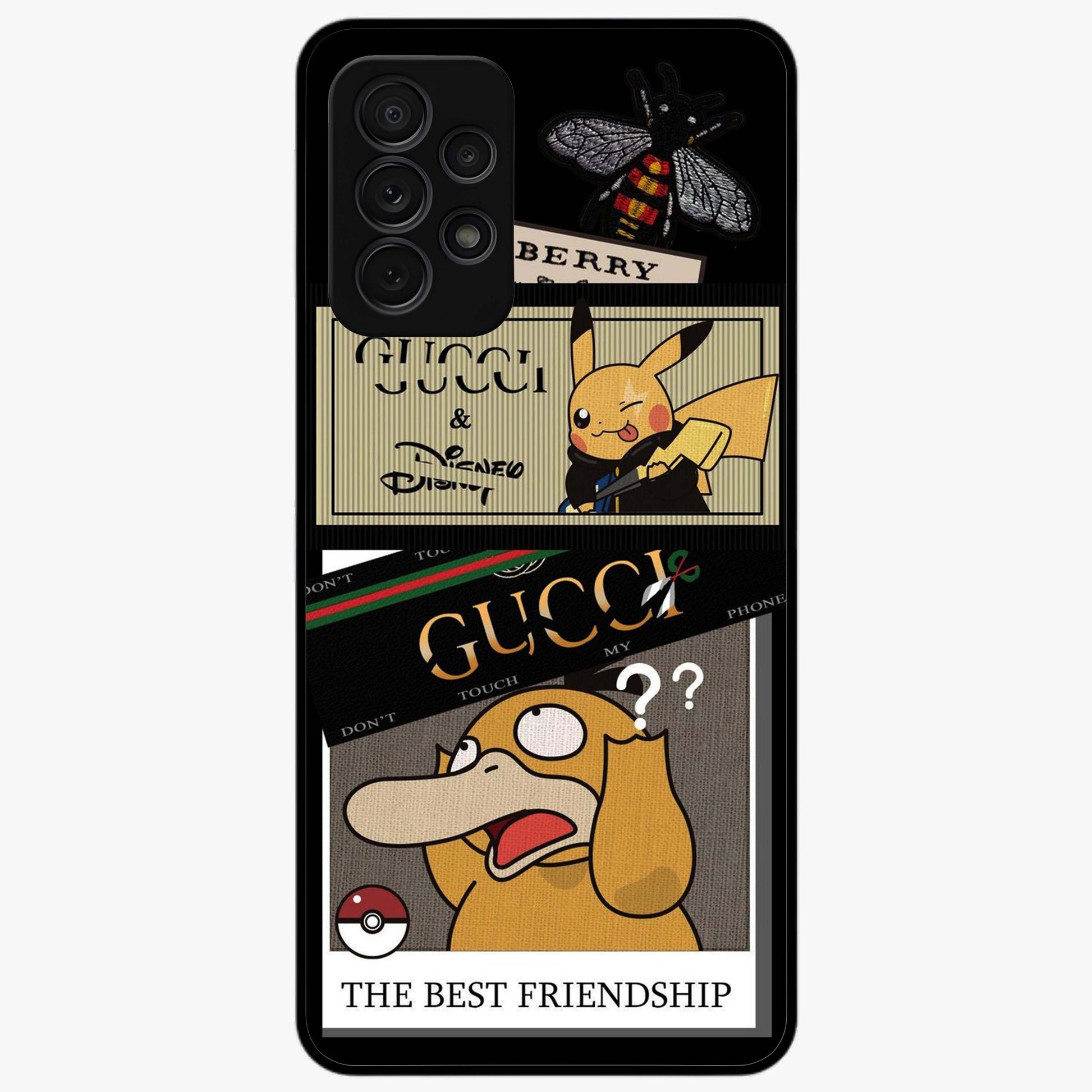 Gucci Play Mashup Glass Case showing flat back view with luxury inspired graphic artwork and glossy glass finish.