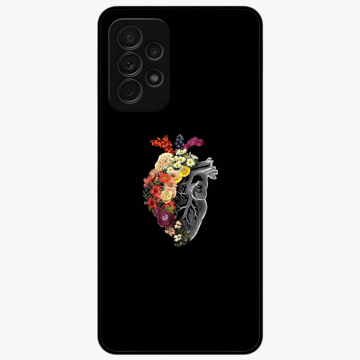 Heart With Flowers Glass Case showing flat back view with heart shaped floral artwork and glossy glass finish.