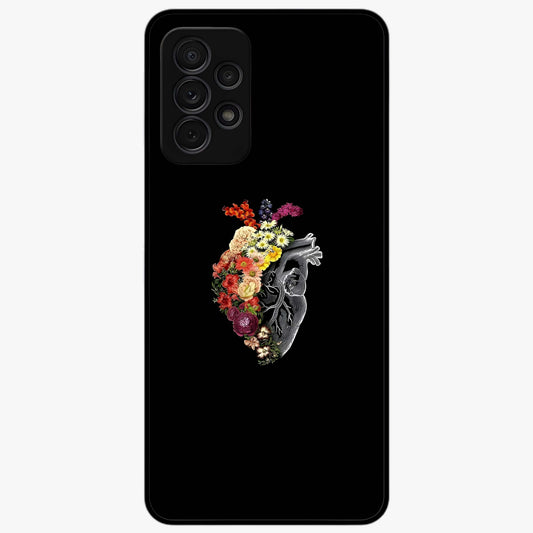Heart With Flowers Glass Case showing flat back view with heart shaped floral artwork and glossy glass finish.